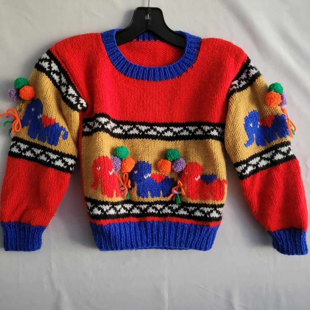 Kids Knit Sweater Circus Balloons Elephants Red Yellow Blue Unique Girl Boy